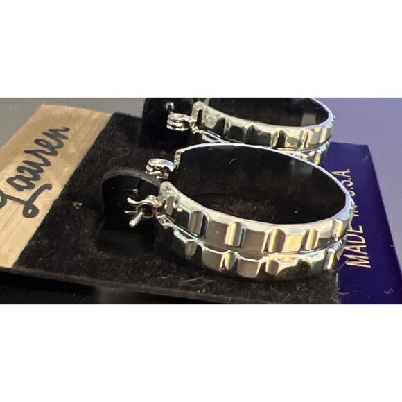 Lauren Silver Tone Hoop Earrings Square Design Made in USA 1" New on Card - Picture 3 of 4